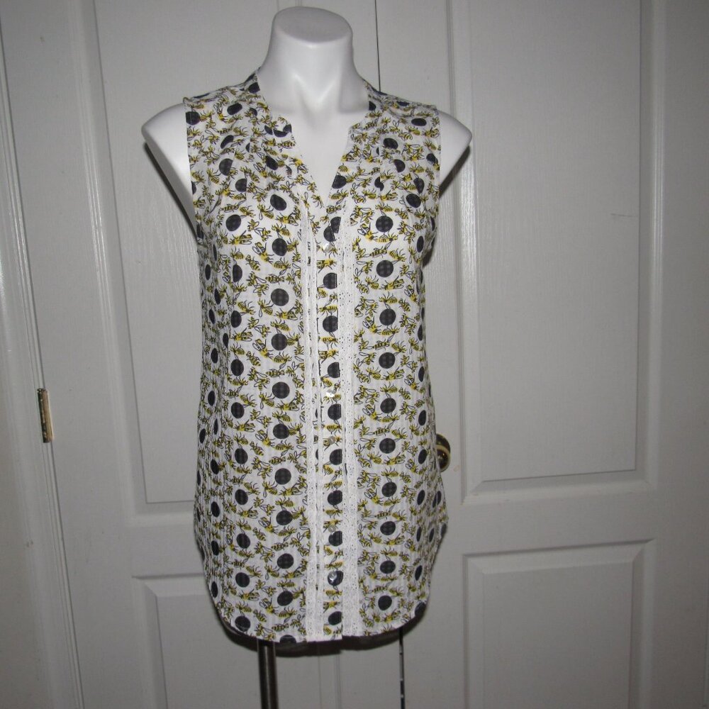 ModCloth White Sleeveless Bee Print Blouse with Yellow Accents - Picture 2 of 6